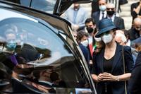 Milly Carlucci at the end of Raffaella Carra's funeral ceremony in the basilica of Santa Maria in Ara Coeli, in Rome, Italy, 09 July 2021. ANSA/ANGELO CARCONI