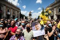 A crowd gathers in front of the basilica of Santa Maria in Ara Coeli for Raffaella Carra's funeral ceremony, in Rome, Italy, 09 July 2021. ANSA/ANGELO CARCONI