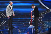Sanremo Festival host and artistic director Amadeus (L) and  Italian singer and Sanremo Festival co-host Gianni Morandi (R) on stage at the Ariston theatre during the 73rd Sanremo Italian Song Festival, in Sanremo, Italy, 07 February 2023. The music festival will run from 07 to 11 February 2023.  ANSA/ETTORE FERRARI
