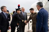 Ukrainian President Volodymyr Zelensky greets Ukrainian ambassador and autorithies  as he arrives at Ciampino Airport  in Rome, Italy, 13 May 2023. It is the first time for Zelensky to come to Italy since the start of the Russian invasion of Ukraine in February 2022. 
ANSA/TELENEWS