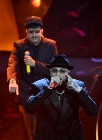 Italian singes Geolier (L) and Guè perform on stage at the Ariston theatre during the 74th Sanremo Italian Song Festival, Sanremo, Italy, 09 February 2024. The music festival will run from 06 to 10 February 2024. ANSA/RICCARDO ANTIMIANI