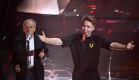 Italian singers Roberto Vecchioni (L) and Alfa perform on stage at the Ariston theatre during the 74th Sanremo Italian Song Festival, Sanremo, Italy, 09 February 2024. The music festival will run from 06 to 10 February 2024. ANSA/RICCARDO ANTIMIANI