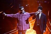 Italian singers Gazzelle (L) and Fulminacci on stage at the Ariston theatre during the 74th Sanremo Italian Song Festival, Sanremo, Italy, 09 February 2024. The music festival will run from 06 to 10 February 2024. ANSA/RICCARDO ANTIMIANI
