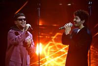 Italian singers Gazzelle (L) and Fulminacci on stage at the Ariston theatre during the 74th Sanremo Italian Song Festival, Sanremo, Italy, 09 February 2024. The music festival will run from 06 to 10 February 2024. ANSA/RICCARDO ANTIMIANI